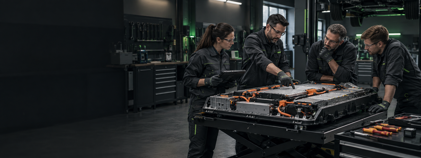 Technicians discussing an electric vehicle battery repair plan in a workshop